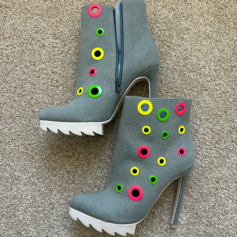 Privileged Light Denim Booties with Neon Cutouts - Picture 5 of 5